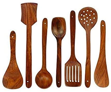 Simran Handicrafts Wooden Serving and Cooking Spoons Wood Brown Spoons Kitchen Utensil Set of 7