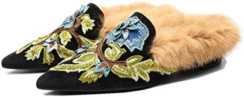 Fericzot Slip On Loafers Womens Embroidery Mule Shoes with Plush Lamb Fur Velvet Slippers Backless Pointed Toe Mule Slides Black-Slipper 8.5