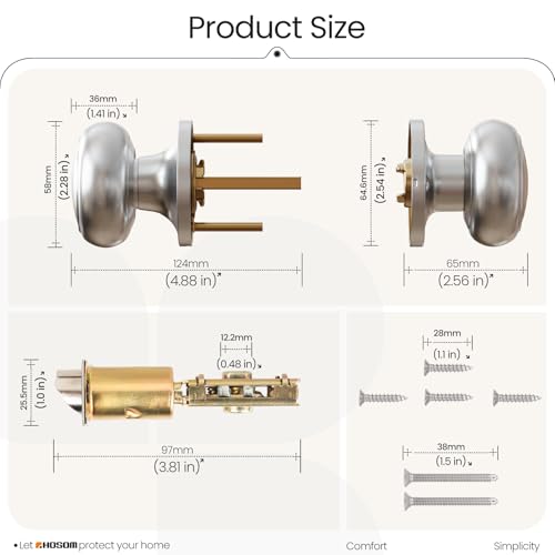 HOSOM Passage Door Knob, Satin Nickel Door Knobs Keyless Doorknobs for Interior Doors, Hallway, Closet and More, No Locking Door Handle, 1 Pack - Image 3