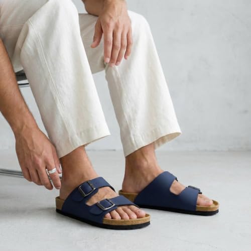 Image of CUSHIONAIRE Lane Cork Footbed Mens Sandals, Adjustable Buckle Comfort Slides for Men, Genuine Leather Insole Summer Sandals Men Footwear