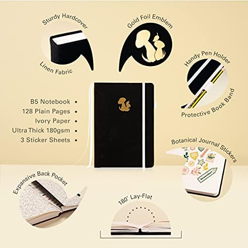 Ottergami B5 Large Art Notebook. Blank Journal. 180gsm Plain Paper Sketch Pad. Accessories Include Scribble Test Page, Elastic Enclosure, Pen Holder, Back Pocket & Stickers. The Botanical
