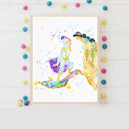 Amazon Co Jp Liwendi アラジンとジャスミンの水彩壁アートキャンバス絵画クラシック漫画アラジンマジックラグポスターと印刷保育園の装飾50 70センチ ホーム キッチン