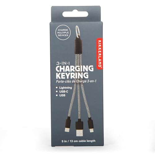 Kikkerland Porte-clés de chargement 3 en 1 - Câble de voyage avec ports USB, USB-C, et Lightning - Porte-clés portable pour plusieurs appareils
