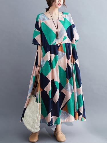 Image of Women Plus Size Color Block Dress Geometric Block Print Round Neck Side Pockets Casual Loose Dresses