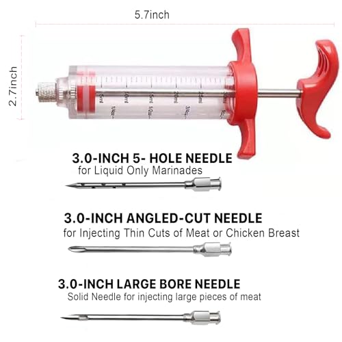 meat injector syringe - 3 marinade injector needles for bbq grill premium portable turkey injector kit for smokermarinades injector for meats with 1oz large capacity 1 brush easy to use amp clean red