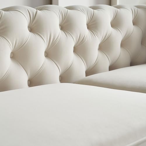 Image of KEIKI 86 inch Chesterfield Velvet Button Tufted Sofa with High Density Foam Cushions and 2 Toss Pillows, Modern Style 3-Seater Couch with Gold Strip Trim Decoration, Easy Assembly, for Living Room, Beige