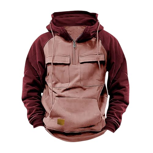 Mens Tactical Hoodies Trendy Sweatshirt Vintage Quater Zip Long Sleeve Cargo Pullover Tops with Pocket Outdoor Casual