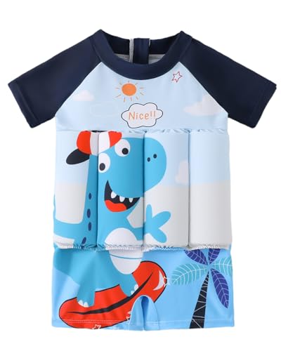 Toddler Floatation Swimsuit Boys One Piece Float Suit with Built-in Floats Cute Dino Shark Floating Swim Suit UPF 50+ Floatie Bathing Suit White Dinosaur 3-4 T