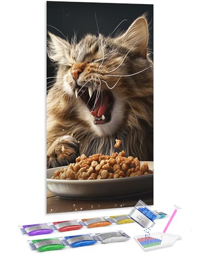 Punto de cruz diamante DIY de un tierno gato comiendo para llenar de vida tu casa