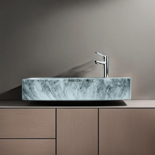Image of Marble Ceramic Tabletop Wash basin | Countertop Vessel Sink | Wash Basin over counter For Bathroom Hotel Home | Bathroom Sink (24 x 14 x 5 Inch) (Marble Blue)