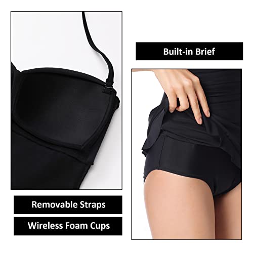 Dobreva Women's Vintage One Piece Strapless Bathing Suit Tummy Control Skirt Retro Swimsuit Swimdress Black 8-10 #TOP4