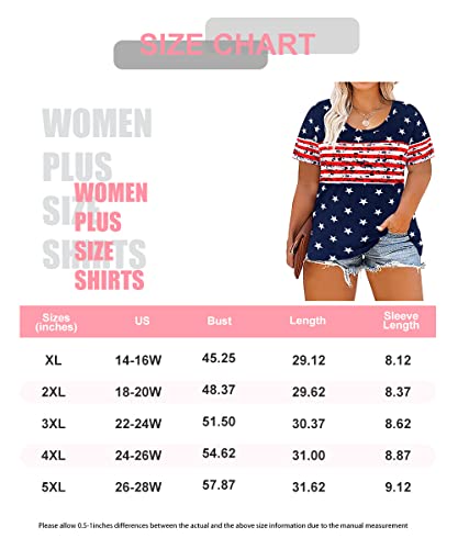 Carcos Plus Size Women Tops 3X American Flat Tee Short Sleeve 4Th Of July Summer Red Striped Tshirt Color Block Pullover Shirt Crew Neck Tunic 3Xl 22W 24W #TOP2