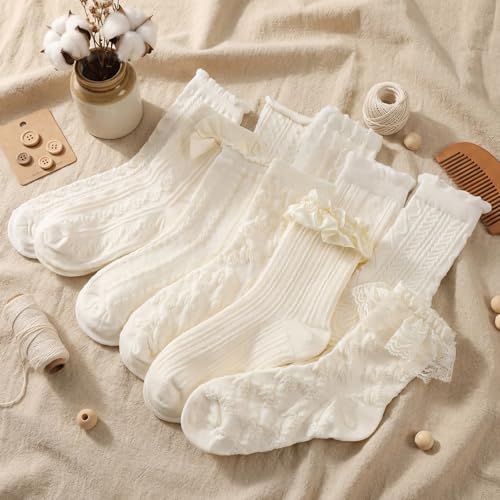 Image of Shyyween 10 Pairs Cute Socks Women's Lace Ruffles Ankle Casual Flower Frilly Fancy Cotton Cottagecore Floral Mid Tube Socks