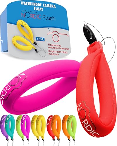 Lot de 2 flotteurs étanches pour appareil photo - Dragonne pour appareils sous-marins – GoPro/Panasonic Lumix et plus – Flotte téléphone, étui, maintient clés, évite couler – (rouge et orange)