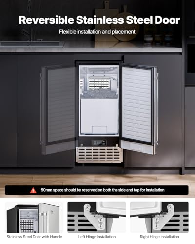 Image of VEVOR Under Counter Ice Maker Machine, 80 Lbs /Day Undercounter Built-in Ice Maker with Reversible Door, Stainless Steel Freestanding Ice Machine for Commercial Home Kitchen