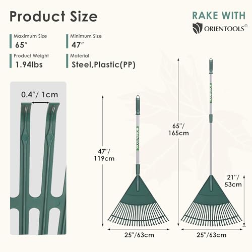 ORIENTOOLS Tuinbladhark, verstelbare lichtgewicht stalen handgreep, comfortabele handgreep, plastic kop, polystruikhark, 26 tinten, 110 tot 168 cm (zilveren handvat) - Afbeelding 3