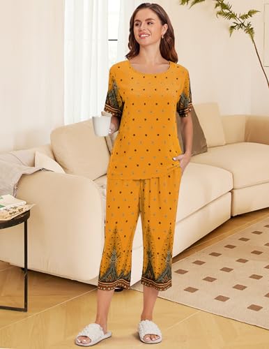 Image of Ekouaer Women's Capri Pajama Sets Short Sleeve Shirt and Capri Pants with Pockets Sleepwear Pjs Sets, X-Large, Floral Yellow