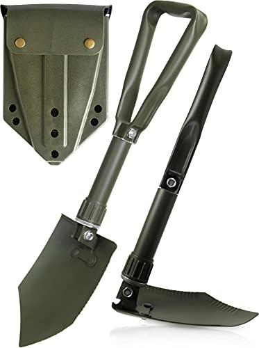 EXTRA STABIL - BW Klappspaten mit Tasche, Bundeswehr/US Army Militär Schaufel/Feldspaten/Spaten aus Carbonstahl/Stahl - Ideal für Outdoor, Camping, Survival und Jagd Farbe Echtgrün