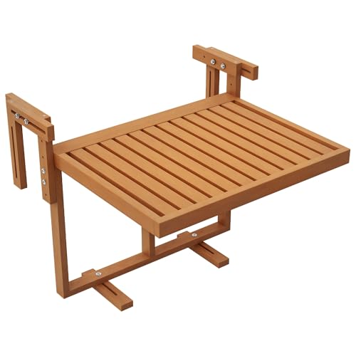 Outsunny Tavolino da Balcone Pieghevole, Tavolino da Ringhiera in Legno Regolabile, Colore Teak