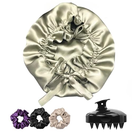 Image of Atrube's Silk Satin Hair Bonnet Reversible with Adjustable Tie Band Wrap Satin Wrap with Hair Scalp Massager Shampoo Brush and 3 Scrunchies (Green)