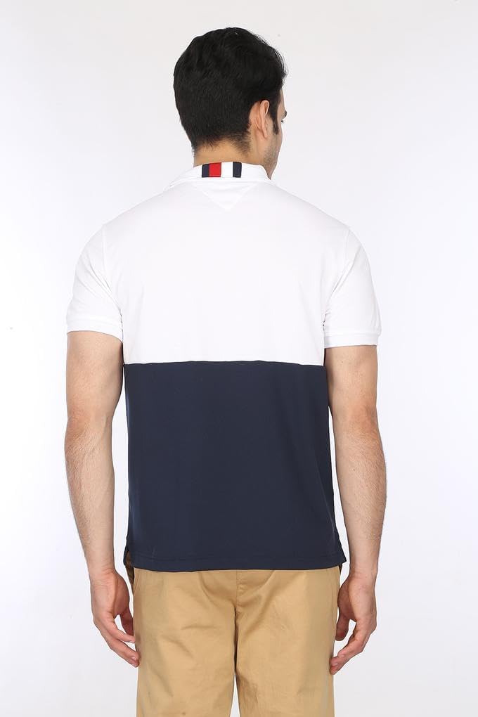 Tommy Hilfiger Men's Short Sleeve Moisture Wicking Stretch Polo Shirt with Quick Dry + UV Protection (White-Navy, Large)