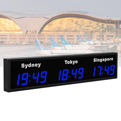 Hydravex Orologio con fusi orari mondiali, Orologio Digitale a LED con più fusi orari, Grande Orologio da Parete con Fuso orario Mondiale per 3/4/5 Città, per Hotel/aziende/aeroporti Blue-3City