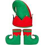  GASSDINER 3 uds, Sombrero de Elfo de Navidad para Padres e Hijos, Cubre Zapatos, Conjunto de Calcetines, Accesorios para Regalos de Fiesta de Navidad, Rojo, Verde, Hada, Cosplay, Tema