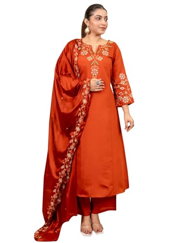 Image of VredeVogel Women's Silk Blend Embroidered Anarkali Kurta with Pant & Dupatta Set | Festive & Casual Women Ethnic Kurta Set for Women