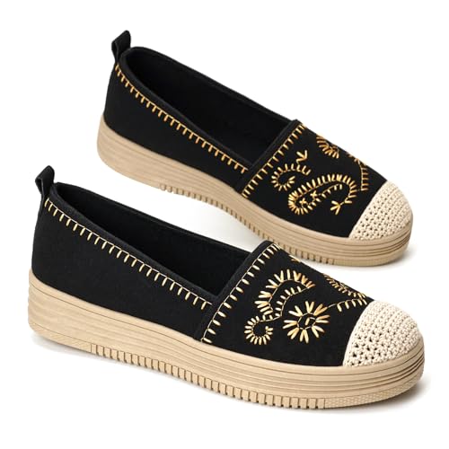 GLAMORA Bailarinas Mujer Manoletinas Merceditas Slip On Lona Zapatos Planos Plataforma Baja Zapatillas Casual Cómodas Primavera Verano Puntera Crochet Estilo Esparto con Detalle Bordado black-36