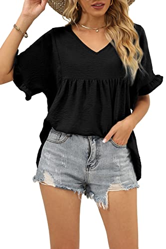 WIHOLL Womens Tops Casual V Neck Ruffle Sleeve T Shirts Babydoll Loose Fit Peplum Tops3