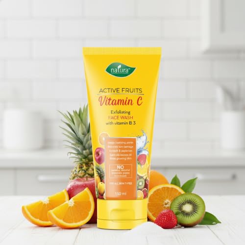 Image of Natura Active Fruits Vitamin C Face Wash | Exfoliating, Brightening, Sun Damage Protection, Oil Control | With Vitamin B3 | For Glowing Skin | No Paraben, Men & Women, All Skin Types - 150 ml