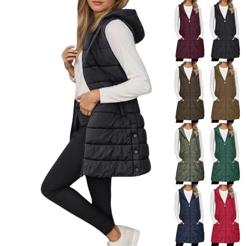 Long Puffer Vest Women,Long Puffer Vest Women Sleeveless Quilted Hooded Fall Winter Trendy Black Plus Size Warm Button Down Zip Up Puffy Vests Jacket Coats Outwear,L