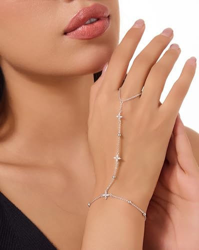 Gold Bracelets for Women 14K Gold Plated Hand Chain Bracelet Dainty Trendy Ring Chain Bracelet Charm Link Adjustable Cubic Zirconia Hand Bracelets Jewelry Gifts for Women