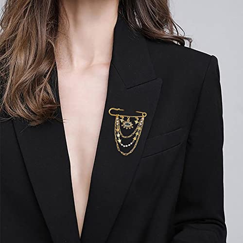 Zeshimb Crystal Eye Brooch Pin Multi-Layer Hanging Chain Lapel Pin Elegance Cz Evil Eye Star Charm Brooch Lucky Devil Eye Tassel Pin Wedding Bouquet Badge Jewelry For Women Men #TOP5