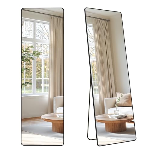 SONGMICS Specchio a Figura Intera, 160 x 50 cm, Specchio da Terra Rettangolare con Supporto, Cornice in Lega di Alluminio, Vetro Temperato, Camera da Letto Soggiorno, Nero Inchiostro LFM030B01