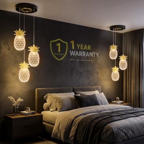Image of Lamp master 3-Light Pineapple Ceiling Light | Decorative Hanging Light | Warm Glow | Transparent Acrylic & Metal | Gold Finish | Adjustable Height | Chandelier for Living Room, Bedroom & Dining Room