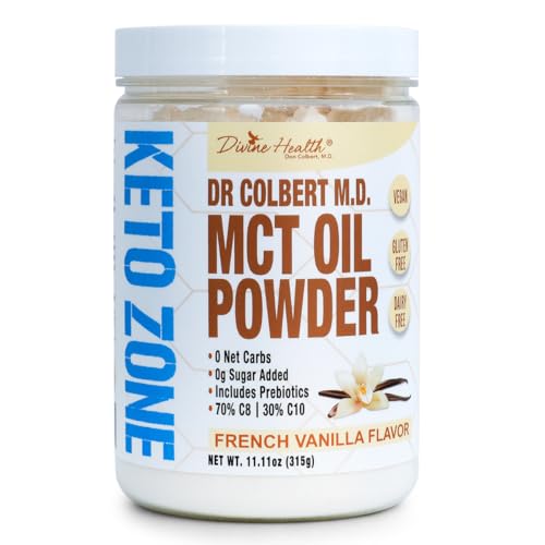 Dr. Colbert, MD MCT Oil Powder | French Vanilla Flavor | by Divine Health | Keto Zone | 70% C8 | 30% C10 | 0 Net Carbs | Gluten Free | 30 Day Supply | 315g