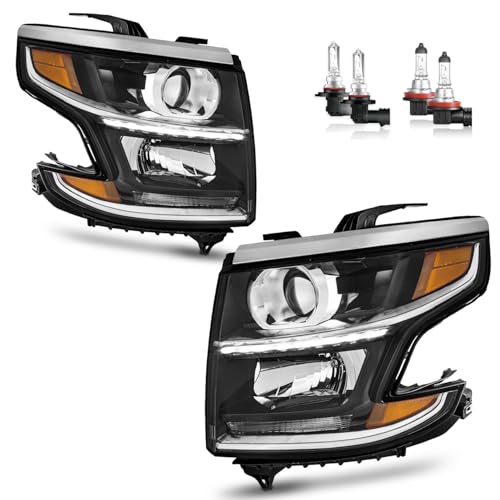 KarSpareHub Headlights LED DRL Projector W/Bulbs for 2015-2020 Chevy Tahoe/Suburban 2016-2019 Chevy Suburban 3500HD Driver& Passenger Side Halogen