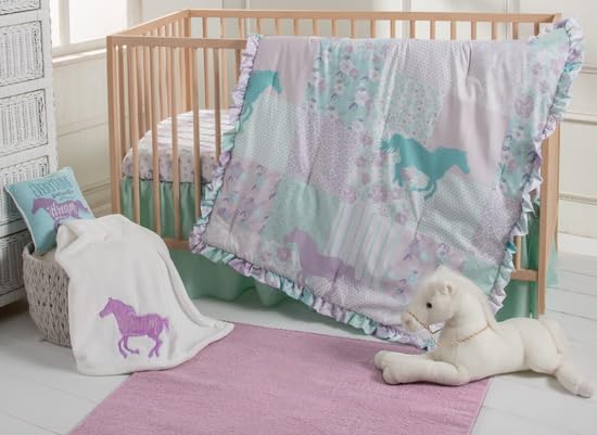 Rod's Western Baby Cowgirl Princess Pony Nursery Crib 3 Piece Bedding Set, Purple, Turquoise, Pink Patchwork of Horses, Flowers, Stripes, and Dots