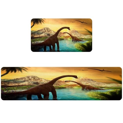 Tapete de cocina de 2 piezas absorbente con diseño de dinosaurio de montaña 2
