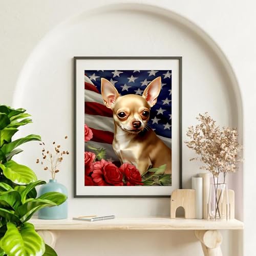 JXAVAXDE Diamond Painting Kits for Adults 5D American Flag with Chihuahua Diamond Art Kits, DIY Beginner Full Drill Crystal Rhinestone Craft Full Round Gemstone Crystal Cross Stitch Kit 16x12 inch by JXAVAXDE - Image 2