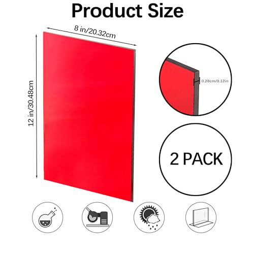 Image of Red Acrylic Sheets 8 * 12 inch 1 /8 inch Thick (2.8~3mm) Red Transparent Cast Acrylic Plexiglass Board for Sign, DIY Project, Laser Cutting, Wedding, Craft, Picture Frame, Engraving(2 Pieces)