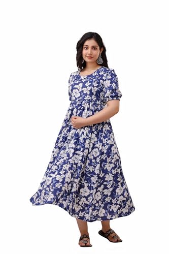 Image of Women's Rayon Anarkali Maternity Ankle Length Dress, Pregnancy Dress,Feeding Kurti,Easy Brest Feeding Dress, with Both Side 9 inch Zipper and Belt