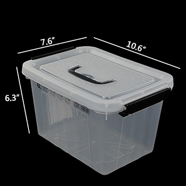 Ggbin 6 Quart Clear Latch Storage Box with Black Handle and Latches - 4 Pack