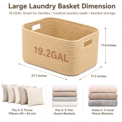 Image of 19.2GAL Sturdy Large Laundry Basket with Handles for Bathroom, Dorm Dirty Clothes, Portable Aesthetic Boho Cute Woven Storage Pillow Blanket Baskets for Living Room Decor Girls Boys Pets Toys Oatmeal