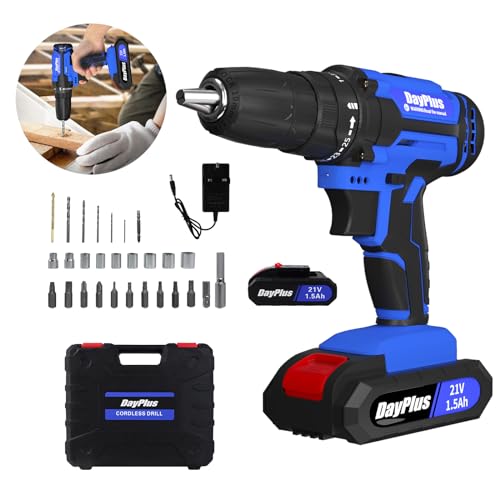 21V Akkuschrauber, Akku-bohrschrauber mit 1x1500mAh Akkus, 45Nm akku bohrmaschine,Drehmoment 25+1 Stufen, 2 Geschwindigkeitsstufen variabel, LED-Licht mit 26pcs, geeignet für DIY-Projekte Zubehörset