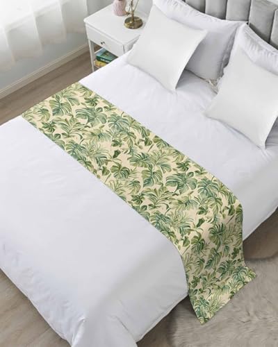 King Bed Runner Summer Green Palm Leaves on Beige Bedding Runner Scarves Decorative Bed Scarf, Tropical Plant Soft Bed Runners for Bedroom Hotel Wedding 102x20IN