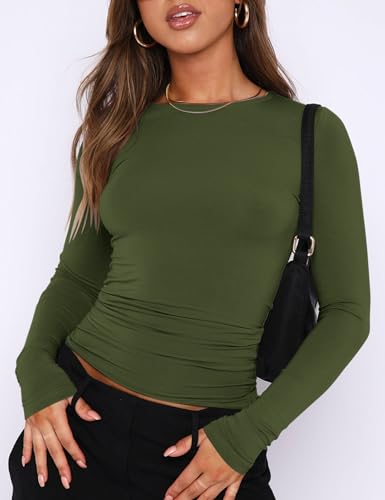 Image of AKEWEI Long Sleeve Crop Tops for Women 2 Pack Fall Going Out Outfits Cute Tight Basic Tees Shirt