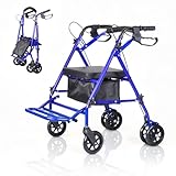 Lightweight Transport Wheelchair for Adults， Foldable Portable Wheelchair with High Weight Capacity, Adjustable Height and Underseat Storage Bag， 6 Inch Wheels Blue 84.0L x 56.0W x 91.0H cm