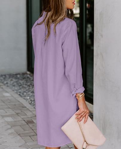 Image of Aoudery Womens Button Down Shirt Dresses with Pockets Cotton Button Up Tunics Long Sleeve Solid High Low Blouse Tops